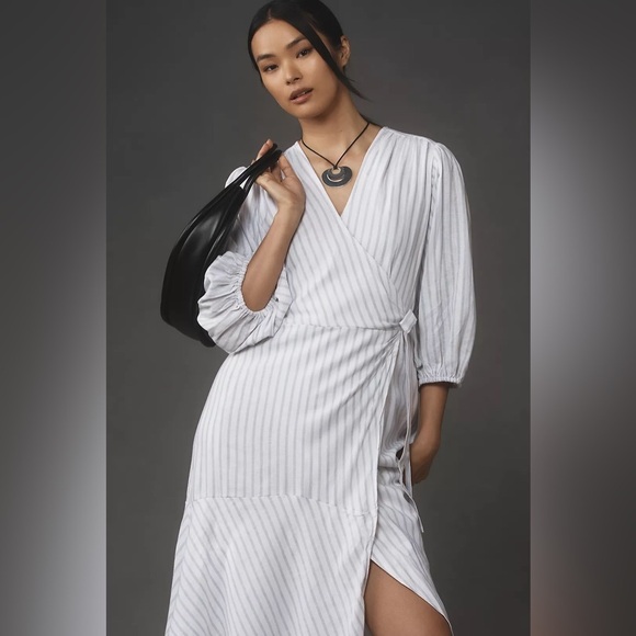 Maeve Asymmetrical Tiered Linen Wrap Dress - Picture 3 of 6